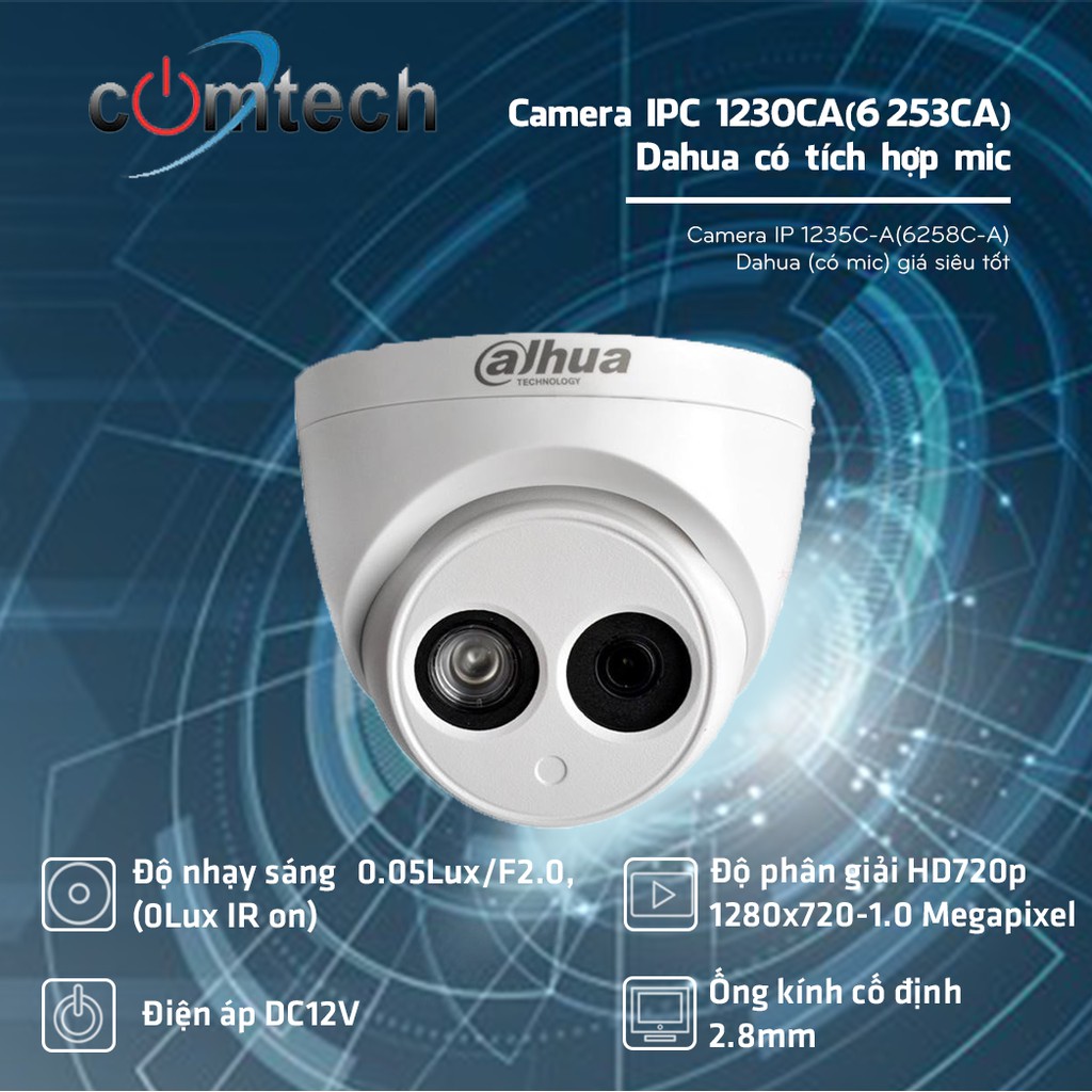 Camera IPC 1230CA (6253CA/P20TI-A) Dahua có tích hợp mic, nguồn POE