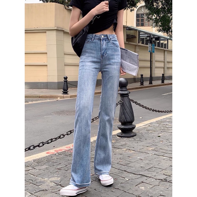 Quần jean nữ loe nhẹ trơn màu xanh nhạt basic phong cách hàn quốc SẴN