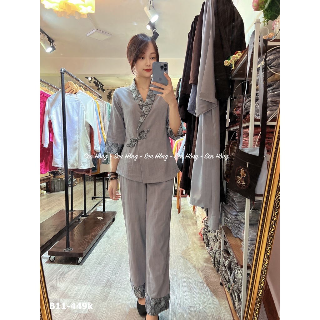 Bộ Phật tử đũi Nhật cái chéo Viền phối tơ tằm sang trọng - Đồ lam đi chùa thiết kế B11
