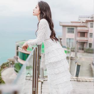 High Quality Autumn Winter New Long-sleeved White Lace Dress Retro Holiday Beach Layered Dress