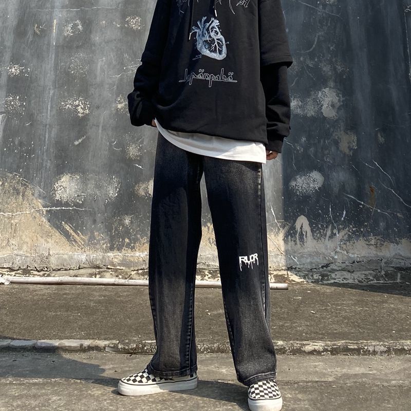 Quần Jean Dài Eo Cao Dáng Rộng In Màu Nhuộm Đen Phong Cách Hàn Quốc Thời Trang Cho Nam Và Nữ