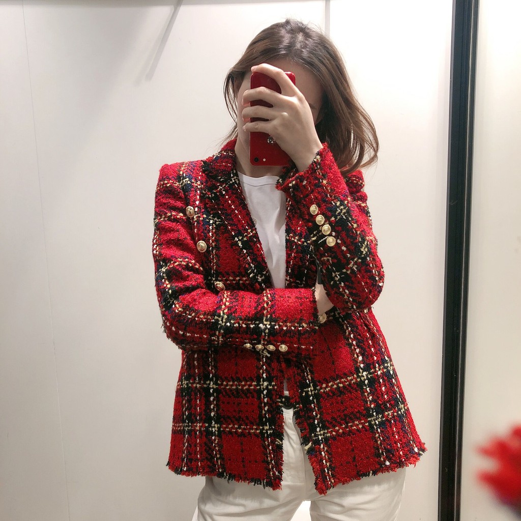 BỘ ÁO BLAZER VÀ CHÂN VÁY ZRA NỮ MÀU ĐỎ KẺ CARO | BigBuy360 - bigbuy360.vn