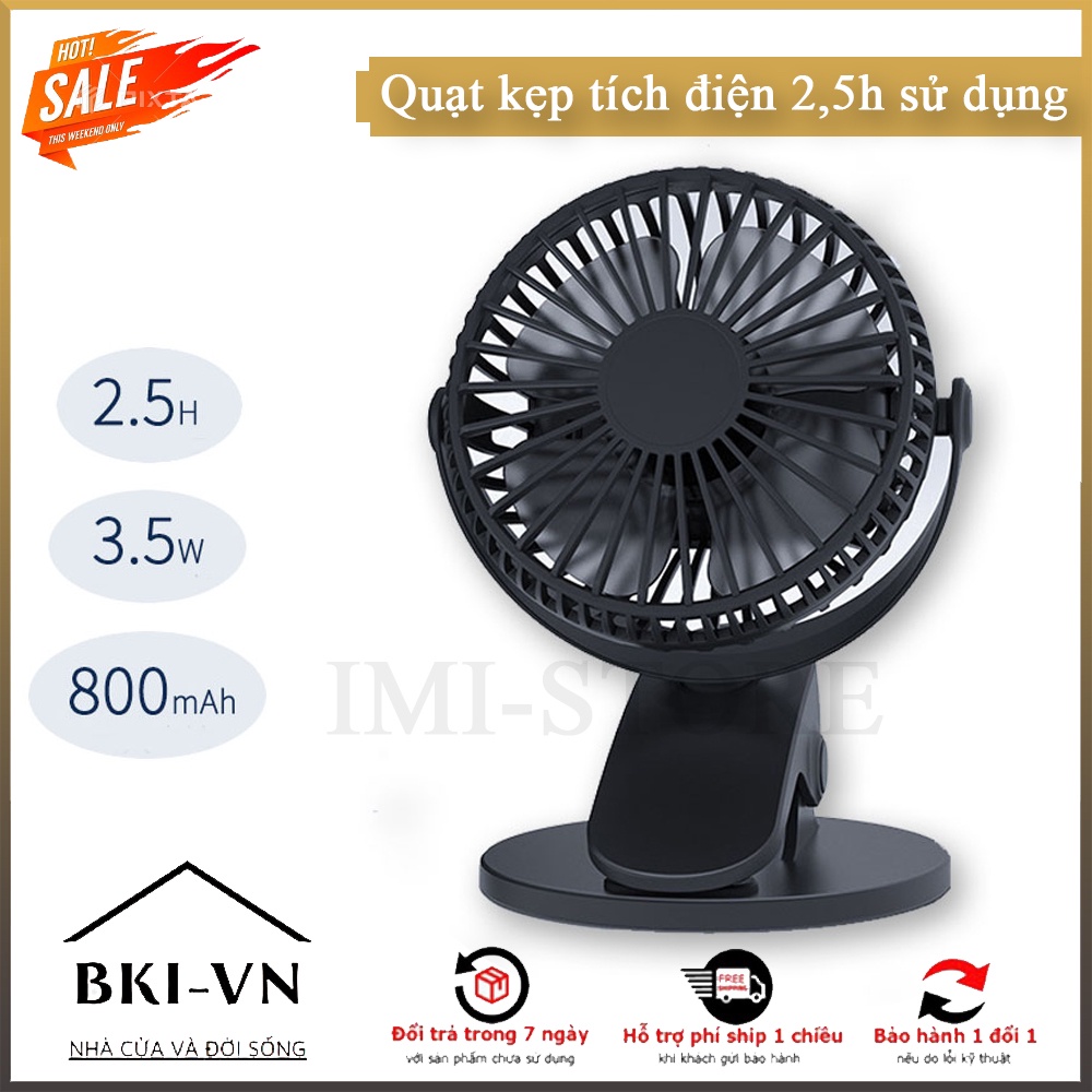 Quạt kẹp bàn tích điện mini, quạt kẹp xe đẩy cho bé đầu sạc usb mẫu mới dung lượng 1200mAh dùng 2.5 tiếng xoay 360 độ
