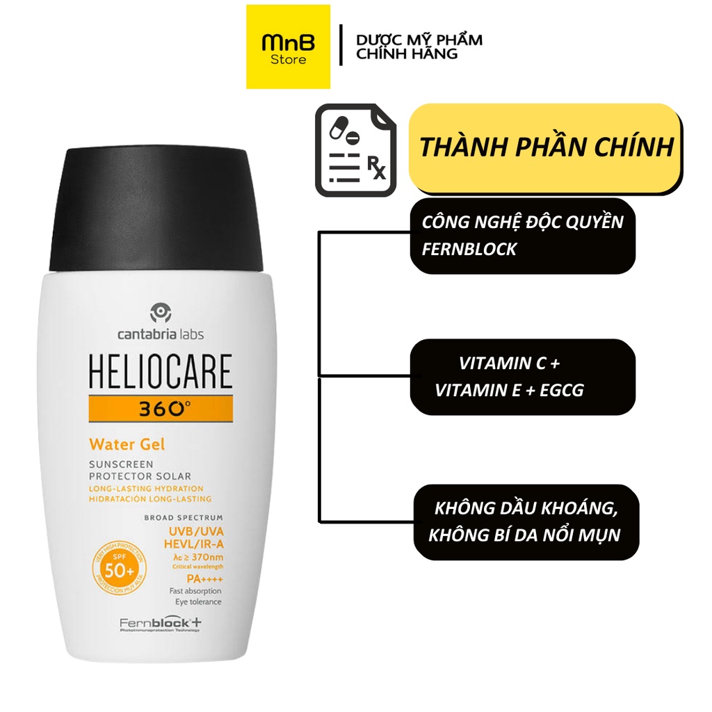 Kem chống nắng Heliocare 360 Water Gel SPF 50 không dầu mỏng nhẹ không nhờn dính 50ml