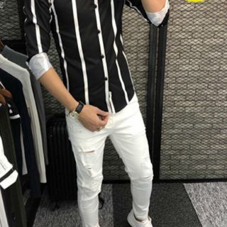 ÁO SƠ MI LỤA SOÁI CA KẺ SỌC 2 MÀU BASIC ĐEN TRẮNG