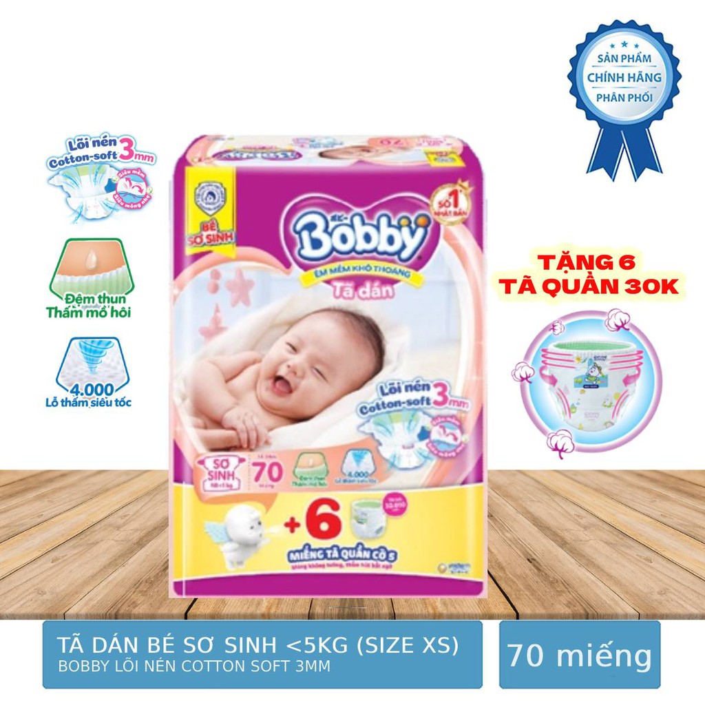 Bịch 70 Miếng Tã Dán Bobby Lõi Nén Cotton-Soft Trẻ Sơ Sinh