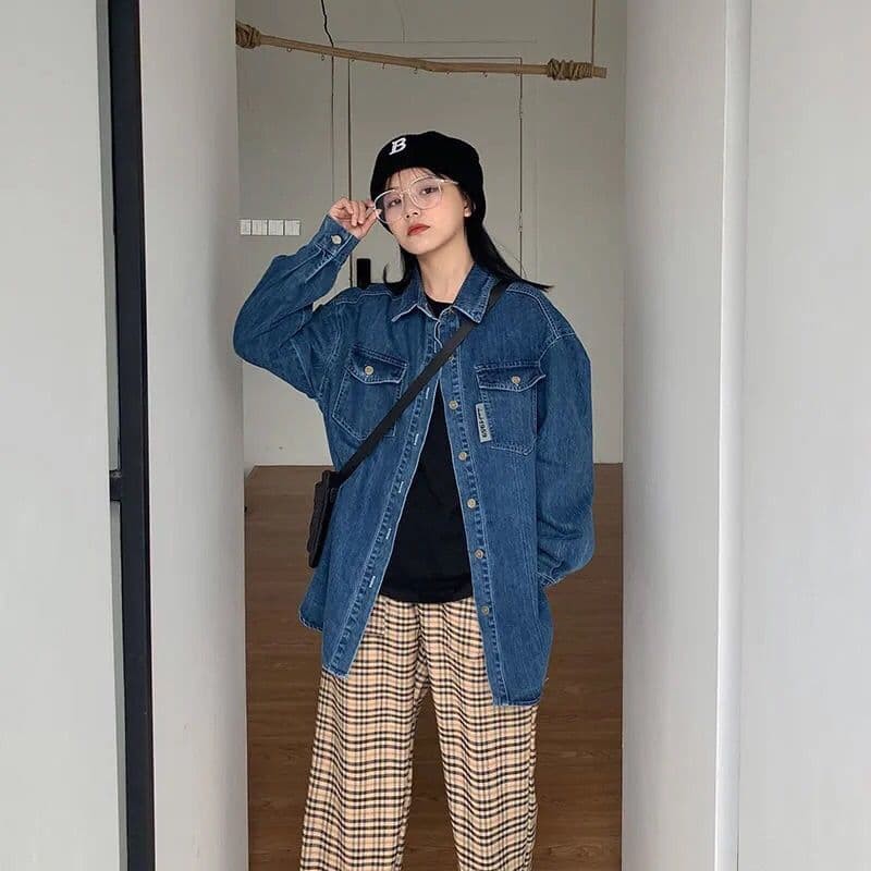 (ORDER) Áo khoác denim xanh đậm thời trang ulzzang phong cách street style dáng rộng oversize