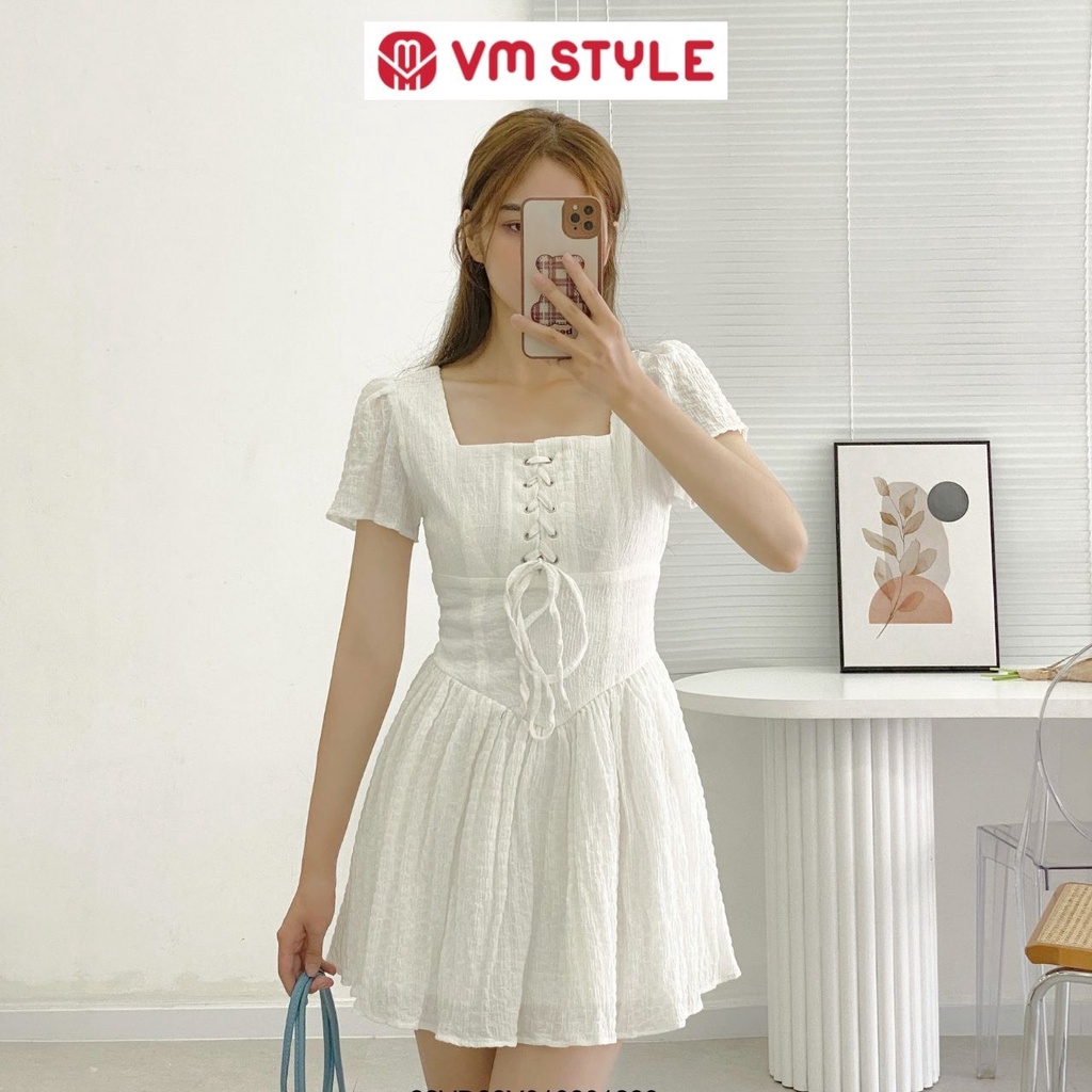 Đầm xốp đan dây ngực VM STYLE tay ngắn cổ U Y167 dạo phố điệu đà cho bạn gái thời trang ulzzang 22VD03Y010801