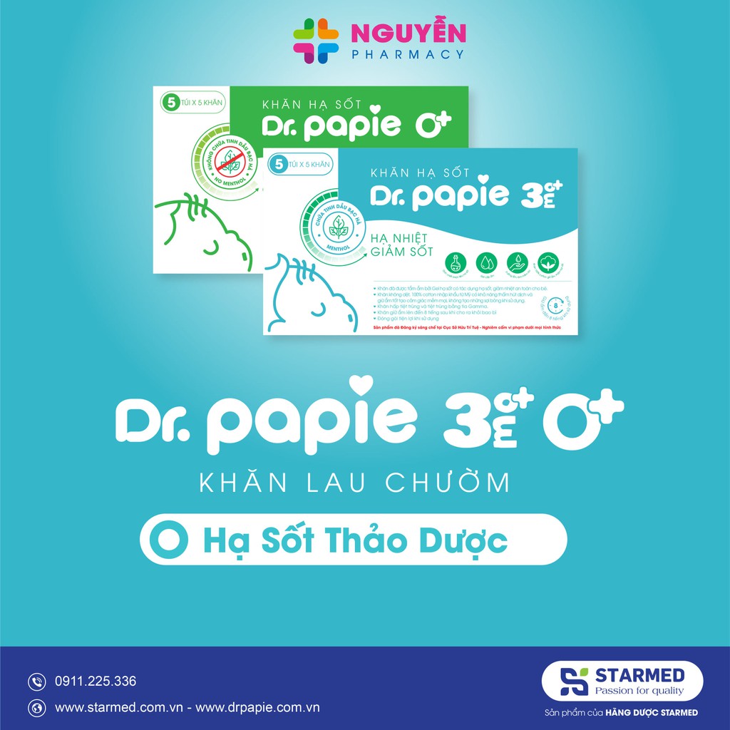 Khăn lau hạ sốt Dr Papie - Lau hạ nhiệt, giảm sốt cho bé từ 3 tháng trở lên từ thảo dược, bạc hà, tía tô