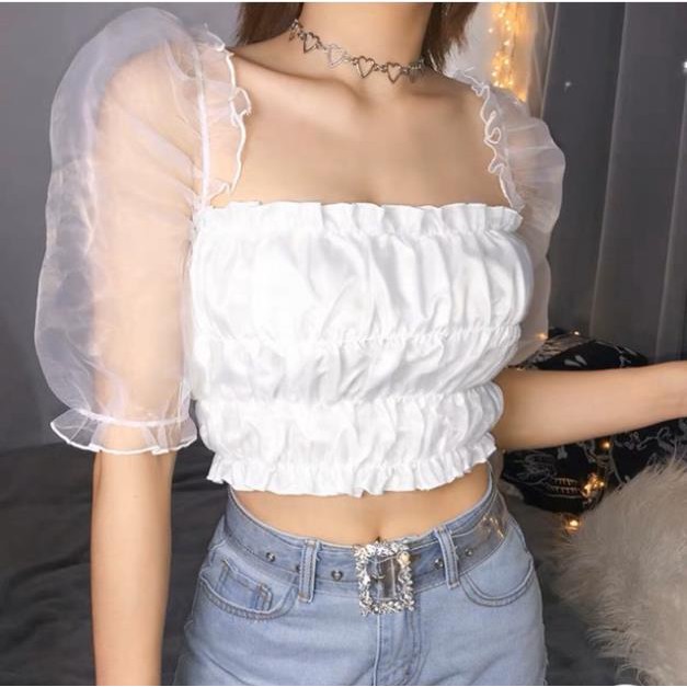 Áo Trễ Vai Voan Kiếng Nhún Croptop Hở Vai Tay Ngắn Phồng Bo Thun Nữ DRACR04 Mys Unicorn Fashion