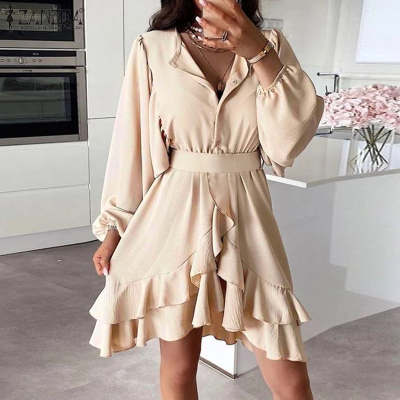 Đầm mini Zanzea cổ tròn tay phồng xếp ly thời trang cho nữ