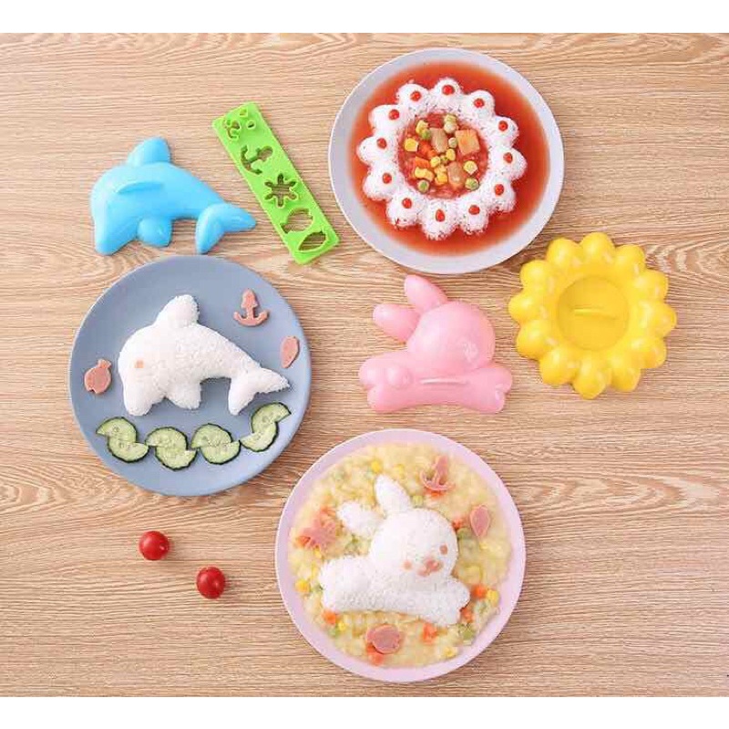 Bộ 4 khuôn làm cơm bento hình thỏ, cá heo, hoa
