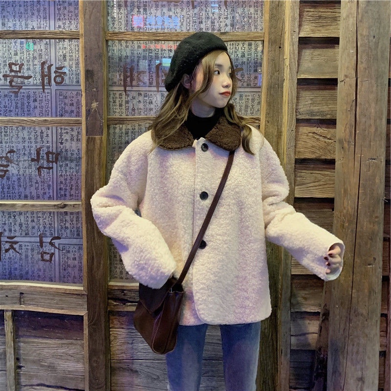 Áo Khoác Len Lông Cừu Tay Dài Cổ Búp Bê Màu Sắc Tương Phản Phong Cách Hàn Quốc Dành Cho Nữ