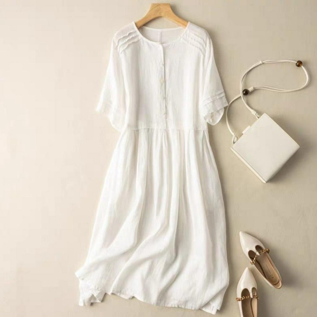 Đầm Linen suông nữ cổ tròn cài cúc,tay lỡ phối viền bèo,chấ liệu Linen cao cấp, phong cách nữ retro