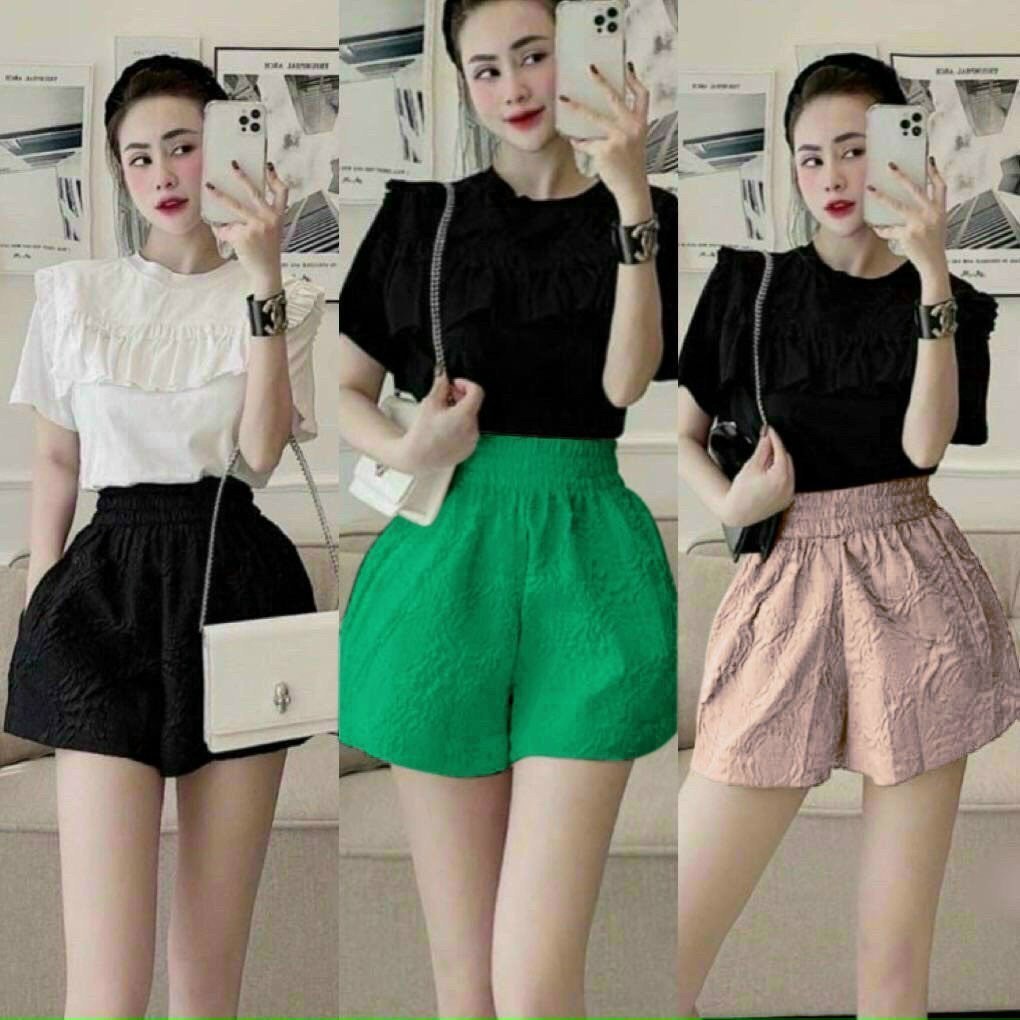 Quần short xòe xốp hoa nổi chun lưng p
