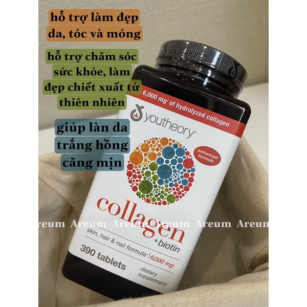 Viên Uống Bổ Sung Collagen Youtheory Collagen Plus Biotin 390 Viên từ Mỹ