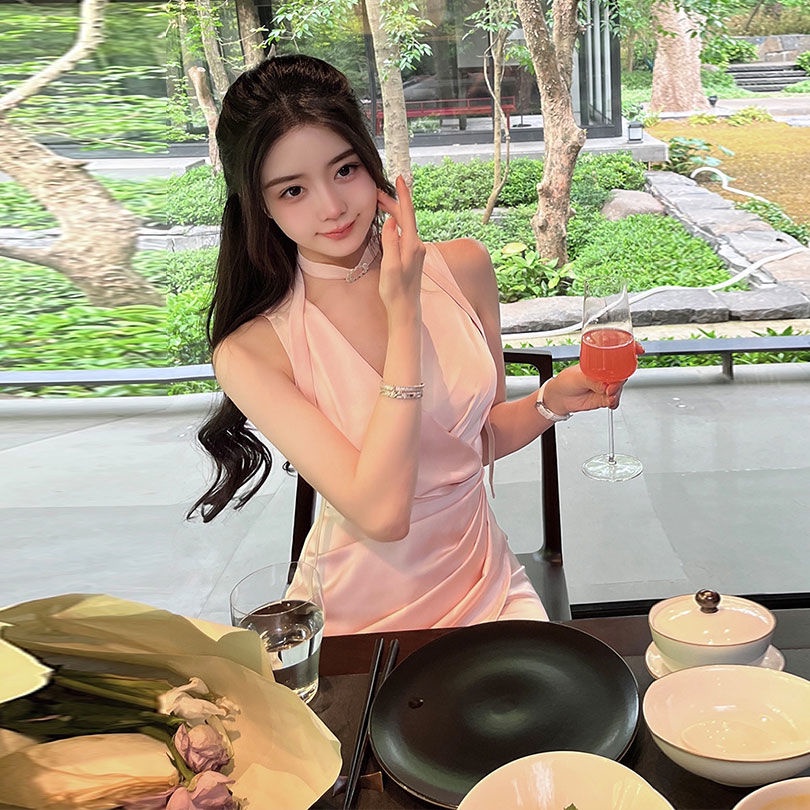 Đầm Satin Cổ Chữ V Thời Trang Mùa Hè 2022 Cao Cấp Sang Trọng Dành Cho Nữ