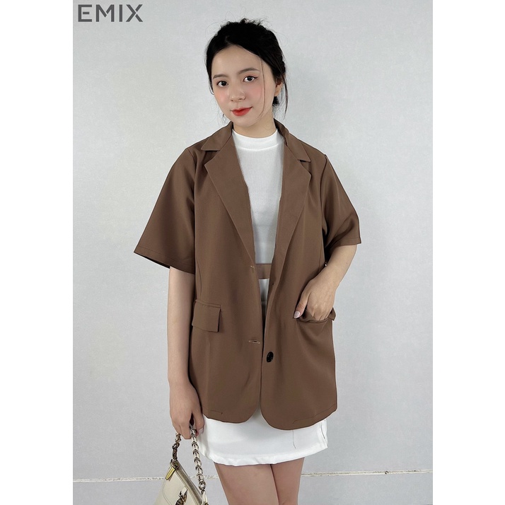 Áo vest cộc tay EMIX (3 màu), blazer, dáng dài, khoác, 2 cúc, form rộng, đi học, đi làm, chất vải trượt Hàn 6087
