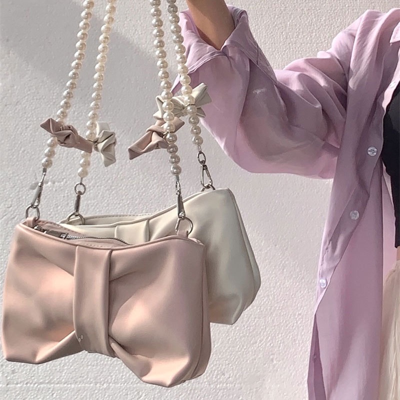 Túi Đeo Chéo Chuỗi Hạt Ngọc Trai Hình Bướm Cho Nữ