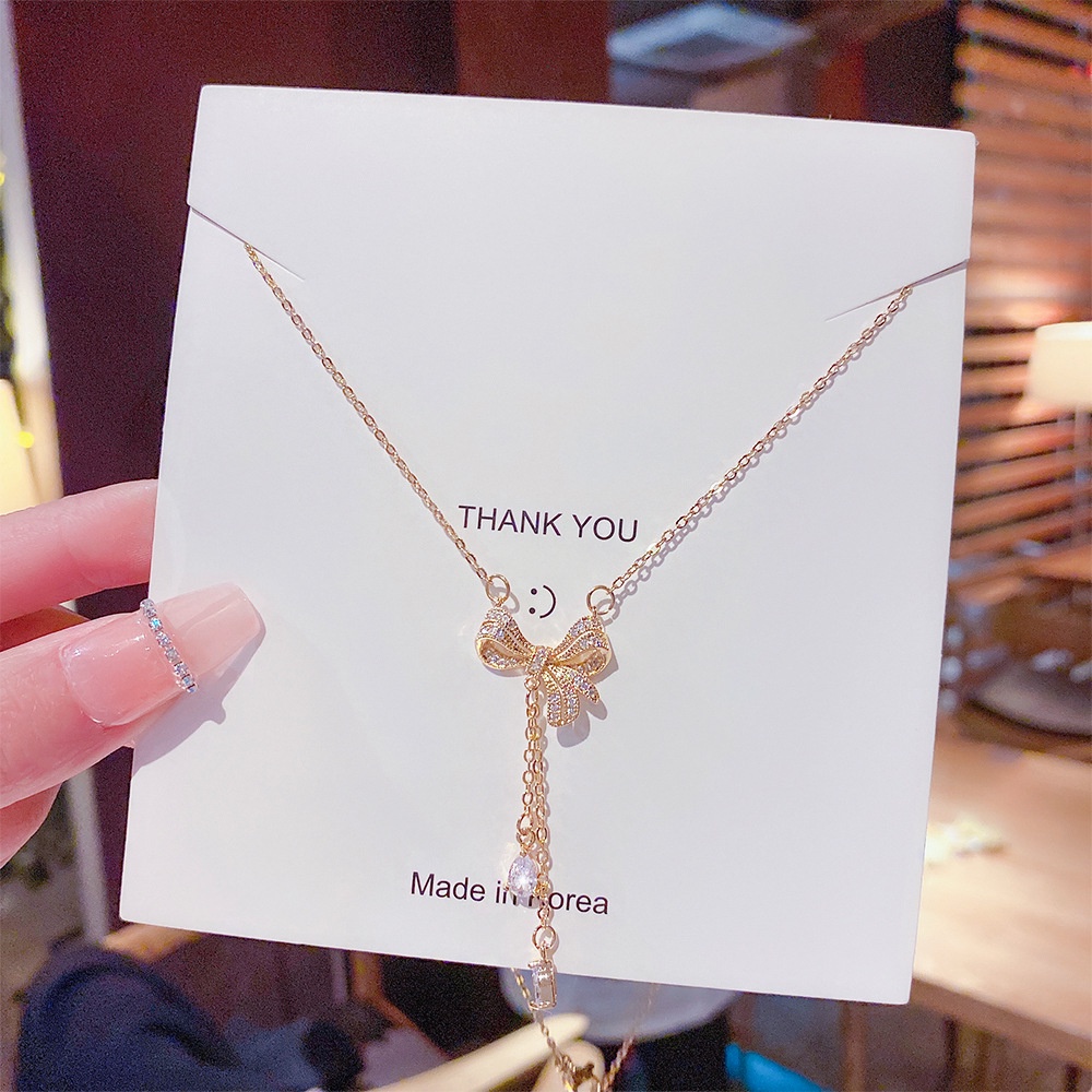 XiaoboACC Vòng Cổ Thép Titan Mạ Vàng 18K Mặt Nơ Đính Đá Zircon 38CM+6CM