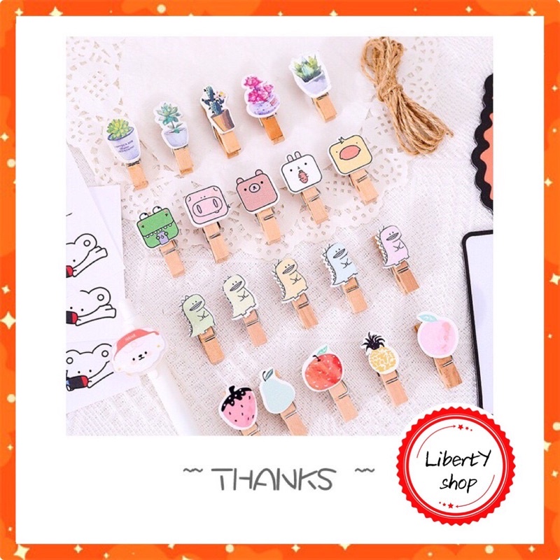 Set 10 Kẹp Ảnh Treo Tường Bằng Gỗ Nhiều Hình Cute Đáng Yêu (Kèm Dây)