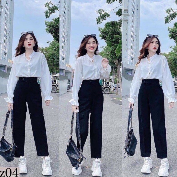 Quần tây đen đi học nữ lưng cao dáng dài cạp vạt khuy lệch có đai đỉa màu đen vải mềm Quần baggy nữ ống đứng công sở đẹp