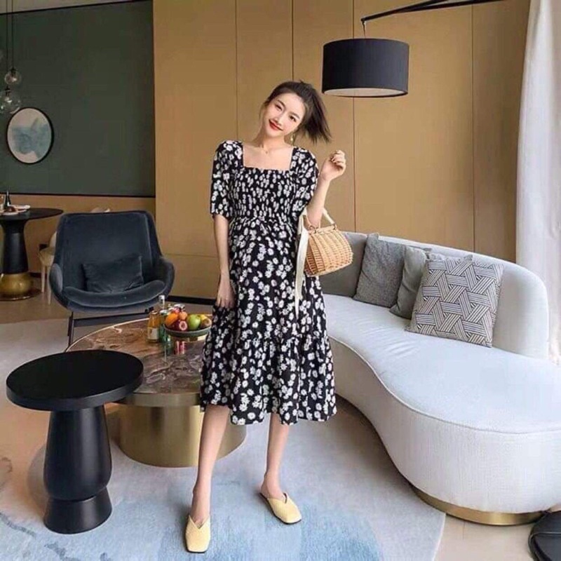 Váy hoa cúc chun ngực tay phồng HS6