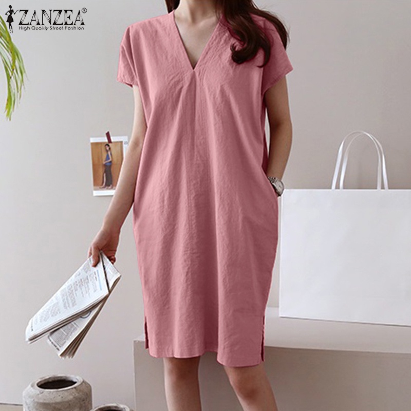 ZANZEA Đầm Ngắn Tay Cổ Chữ V Khóa Kéo Thời Trang Nữ