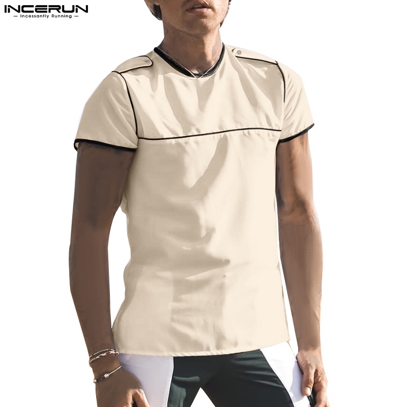 Áo thun INCERUN tay ngắn cổ tròn màu sắc tương phản thời trang cho nam