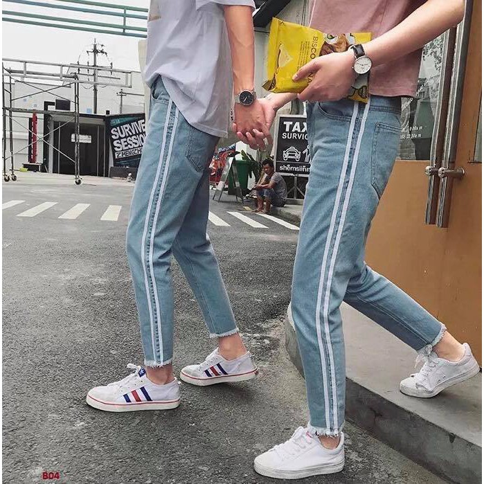 [QUẦN BAGGY JEAN] Baggy jean unisex không rách line 2 sọc trắng gấu tua B04 có hình thật -Hàng nhập khẩu