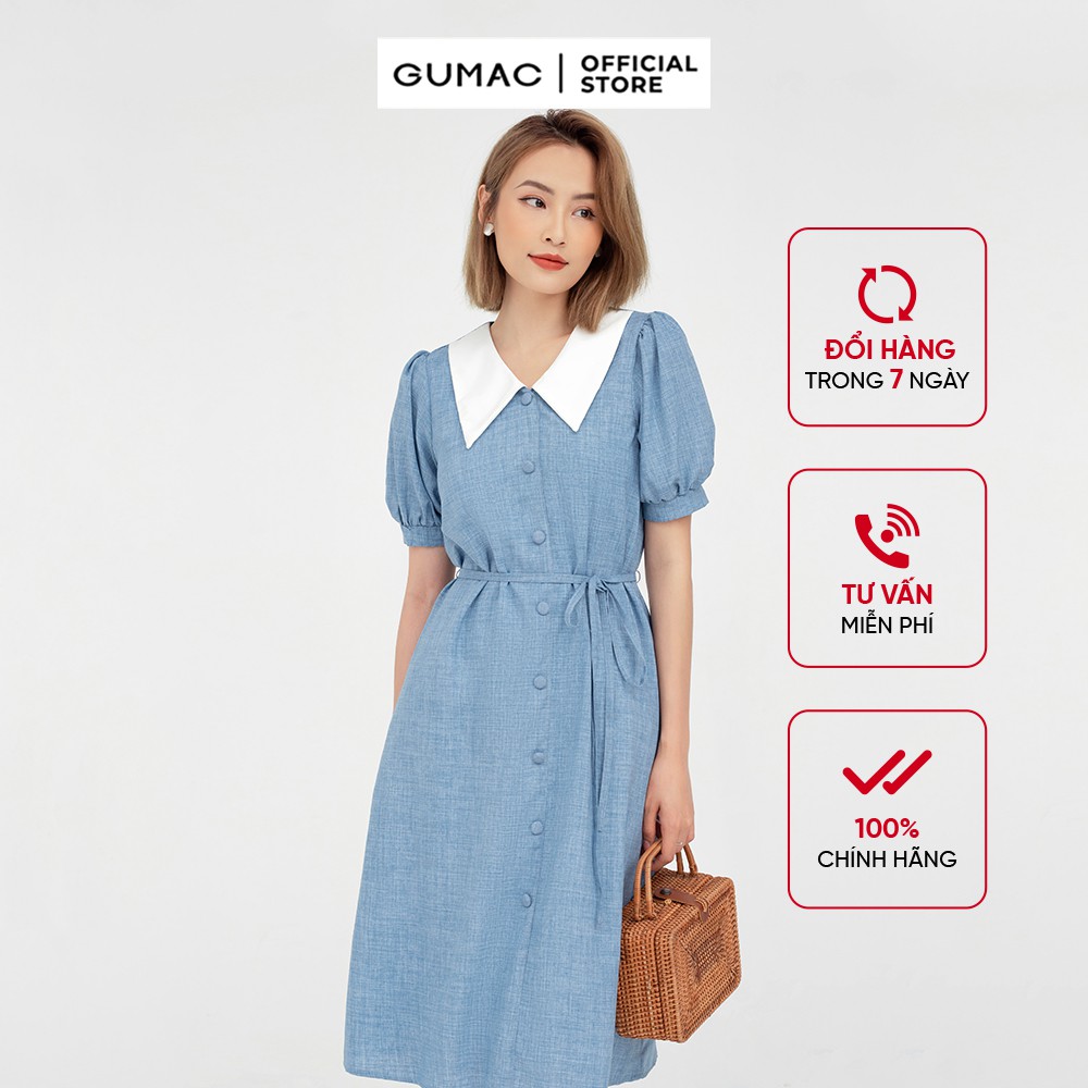 [Mã MABR07062 giảm 8% tối đa 50K đơn từ 249K] Đầm xòe nữ nẹp nút phối cổ GUMAC màu xanh tay ngắn DB574