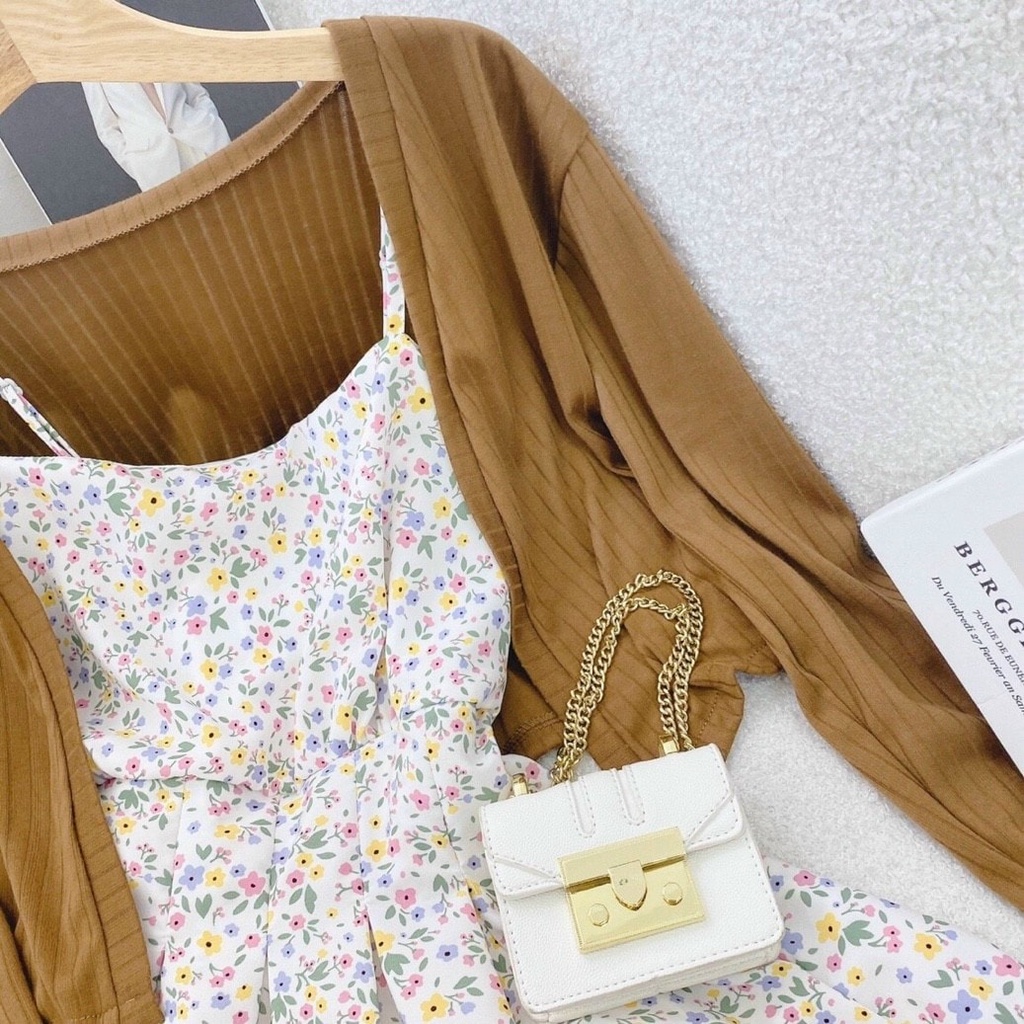 SET Đầm 2 dây hoa nhí tùng xòe kèm Áo khoác màu nâu NÀNG CLOSET