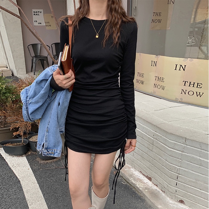 Đầm SUXI cotton tay dài dáng ôm phối dây rút gợi cảm cho nữ