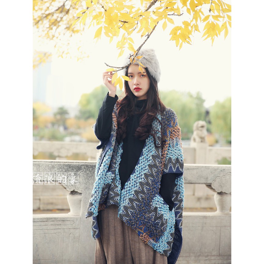 Cardigan len dáng choàng cape tông xanh xám - MS041 (Có ảnh thật) | BigBuy360 - bigbuy360.vn