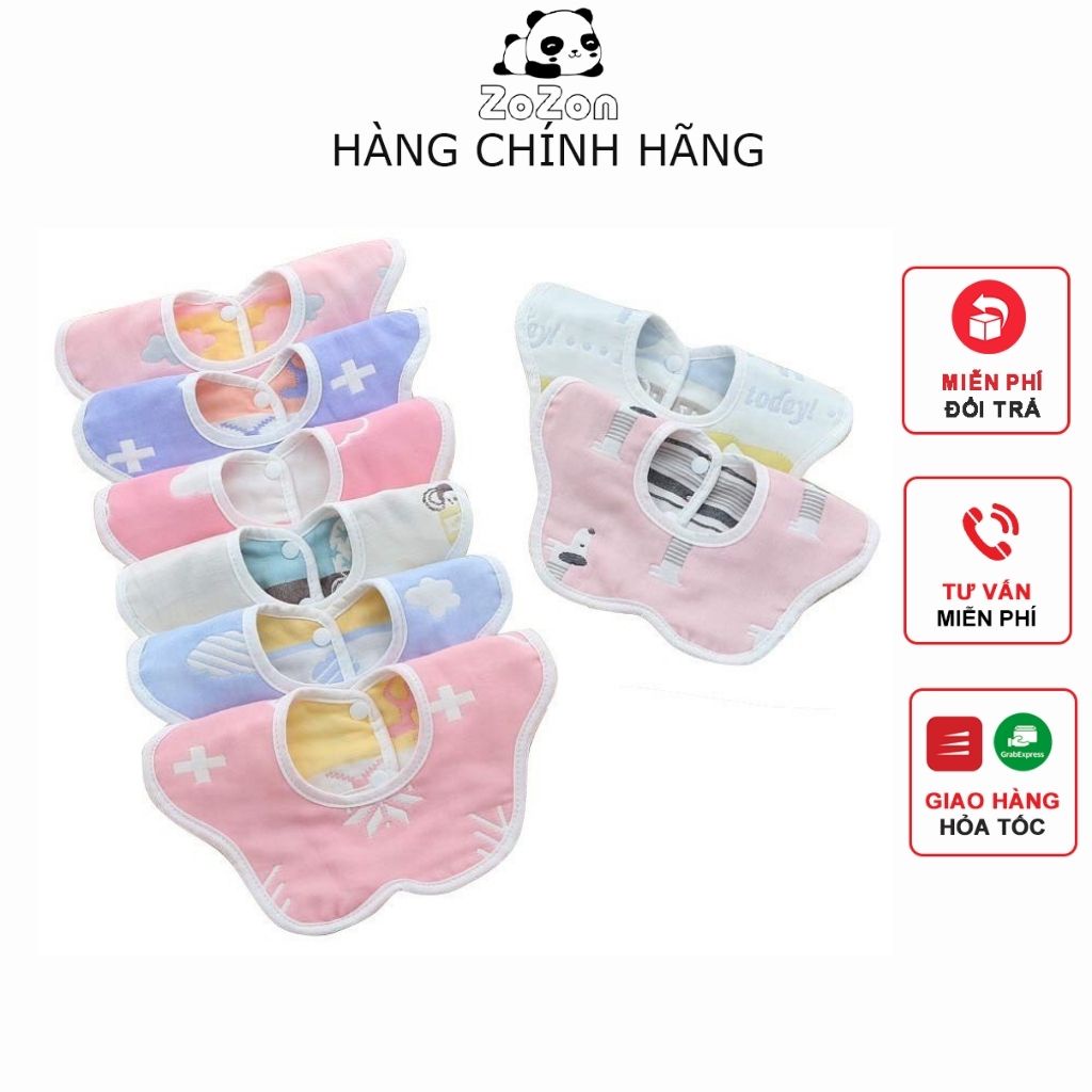 Yếm xô tròn cho bé Zozon xoay 360 độ bấm nút 6 lớp cotton dày dặn thấm hút an toàn màu ngẫu nhiên