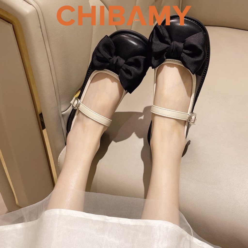 Giày búp bê nữ đính NƠ vải đế bằng 3cm, chất da mềm phong cách cổ điển