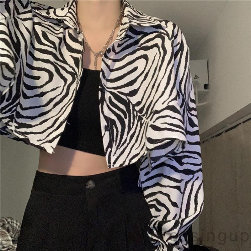 Áo Crop Top Dáng Rộng In Họa Tiết Sọc Ngựa Vằn / Da Báo Thời Trang Cho Nữ