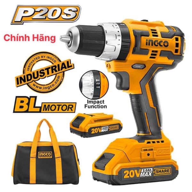 INGCO Máy khoan búa dùng pin Li-ion 20V-13mm Không chổi than CIDLI20608 (Cam kết Chính Hãng 100%)