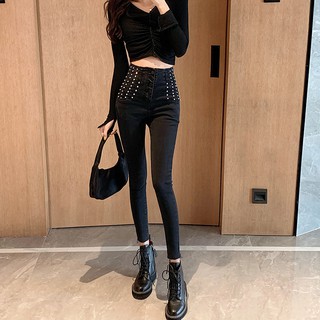 (ORDER) Quần  Jeans nữ cạp cao đính đá tôn dáng thon gọn chân Style Hàn Quốc cá tính