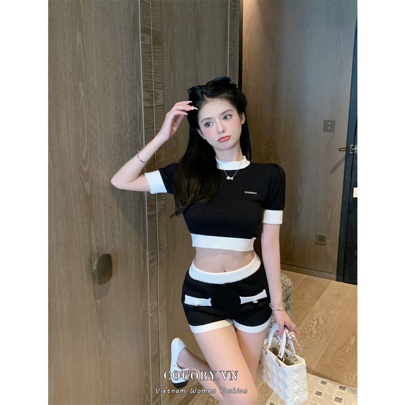 Cocory vn Bộ Áo Dệt Kim Ngắn Tay + Quần Short Lưng Cao Dáng Ôm Thời Trang Quyến Rũ Cho Nữ