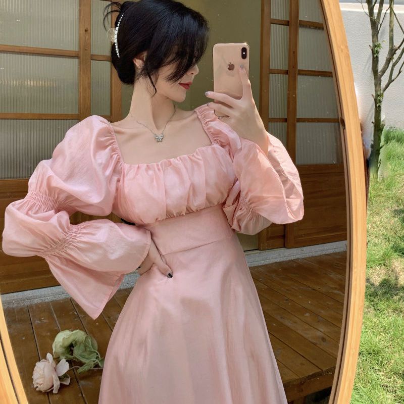 Đầm Chiffon Trắng Dáng Chữ A Tay Dài Phồng Cổ Vuông Phong Cách Pháp Ngọt Ngào