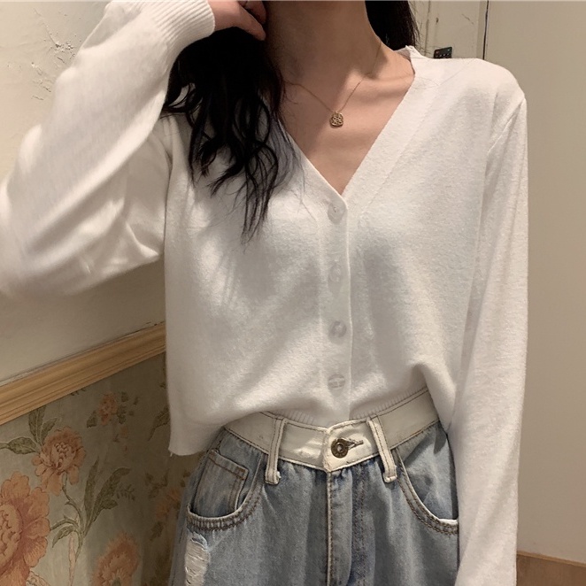 【ZHELIHANGFEI】Áo Cardigan Dệt Kim Tay Dài Cổ Chữ V Lưng Cao Dễ Phối Đồ