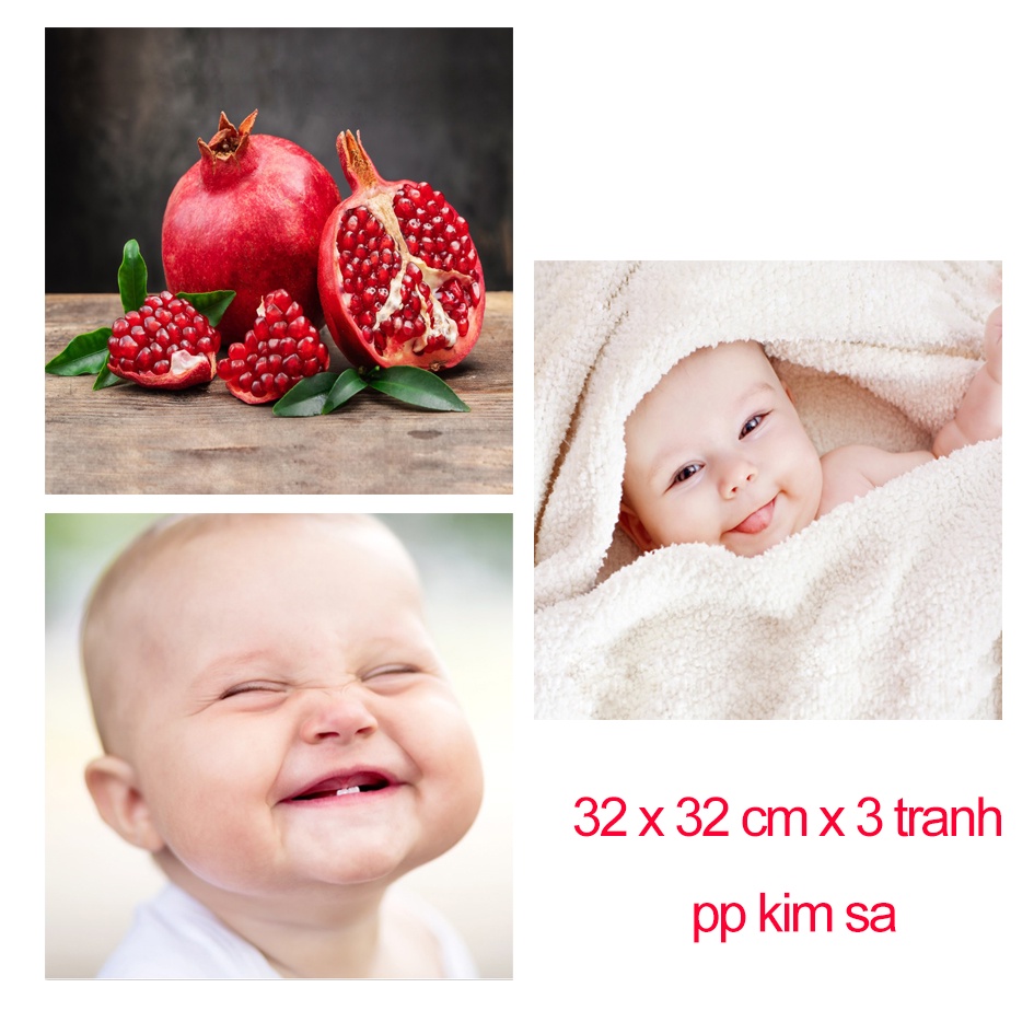 Bộ 3 tranh dán tường Quả lựu và em bé GLCB3_vuong KT 32 x 32 cm x 3 tranh in pp kim sa