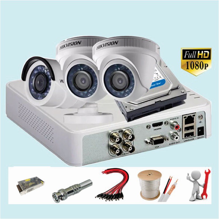 Combo Bộ 3 Camera Hikvision FullHD - 2MP  Đầy Đủ Phụ Kiện Tự Lắp Đặt Tại Nhà