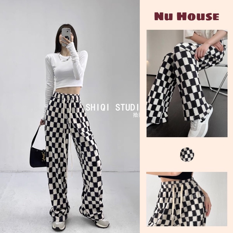 Quần ống rộng caro lưng thun cạp cao dáng dài hàng Taobao kèm clip và ảnh thật