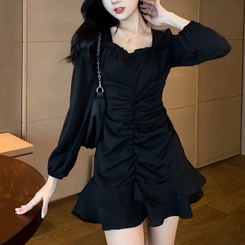 Đầm ngắn kiểu nữ dáng suông xoè chifon dây rút peplum tay dài phồng - Order taobao quảng châu