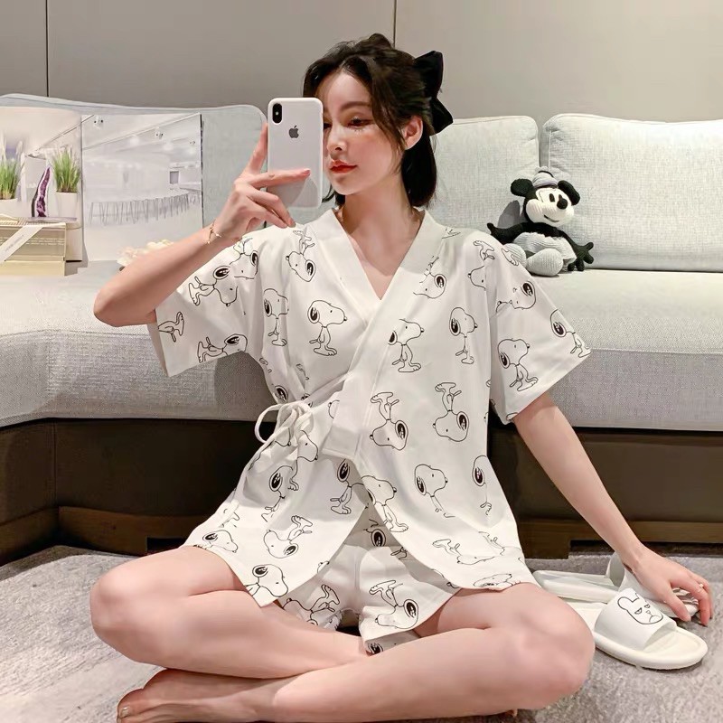 Bộ Đồ Ngủ Vải Cotton Kiểu Kimono Nhật Bản Xinh Xắn Cho Nữ