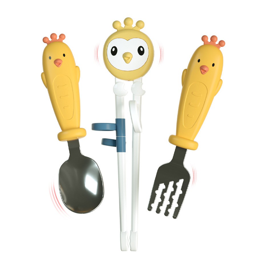 Bộ Hộp Muỗng, Nĩa, Đũa Tập Ăn dụng cụ bàn ăn inox 304 Hàn Quốc Hình Gà Con Dễ thương Cho Bé