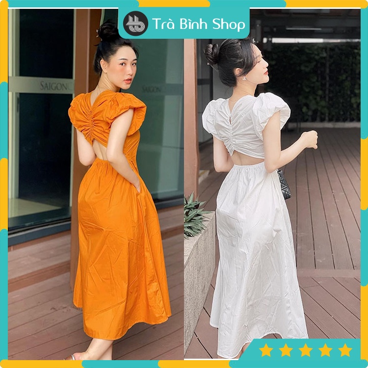 Đầm thô rút dây lưng cổ tròn Váy chiết eo tay bồng tiểu thư sang chảnh