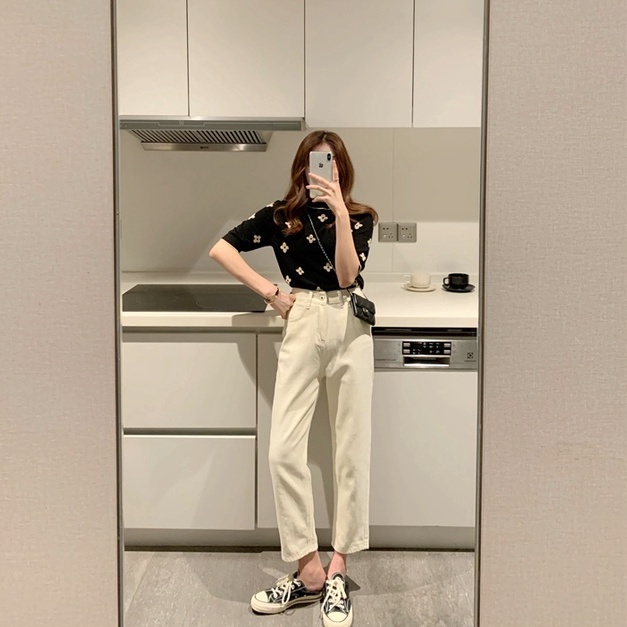 Áo sweater ZHELIHANGFEI cổ tròn tay ngắn thêu hoa màu tương phản phong cách Pháp ngọt ngào dành cho nữ